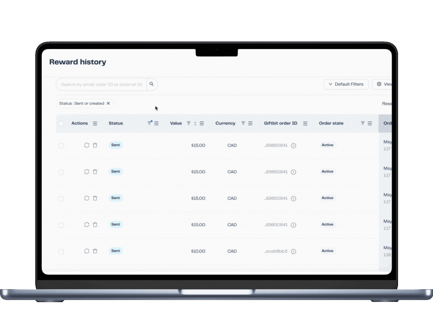 Reward history dashboard.