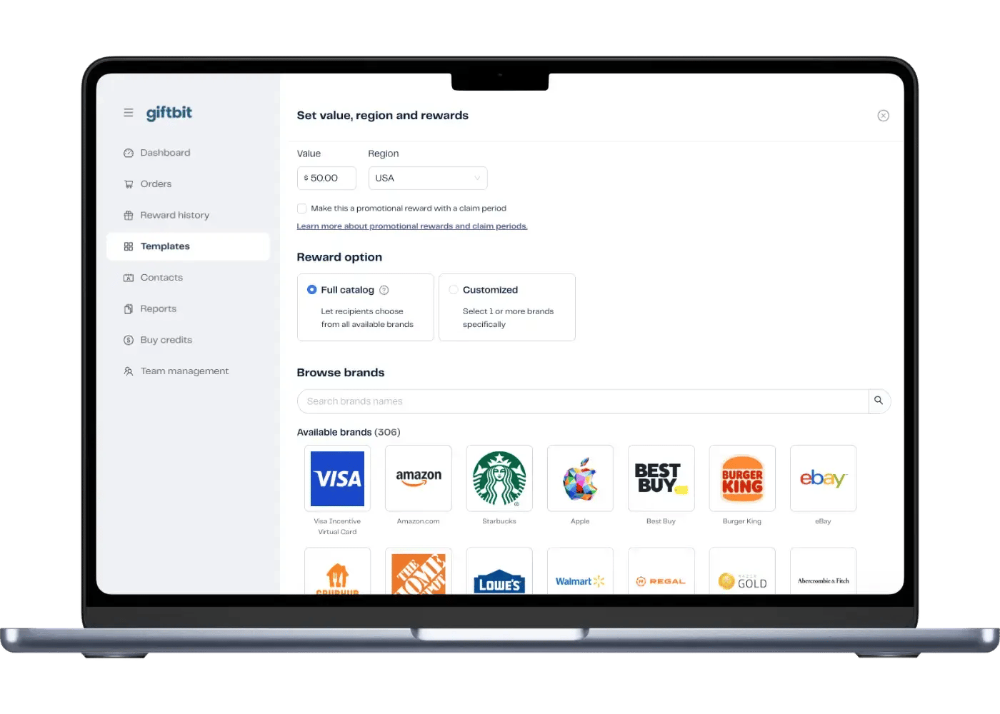Giftbit platform UI.