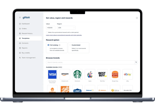 Giftbit template UI, choosing brands.