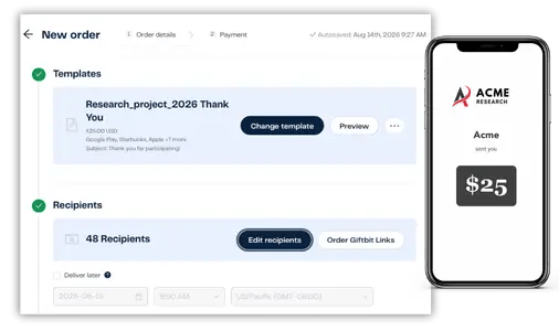 Giftbit platform UI screenshots of new order order.