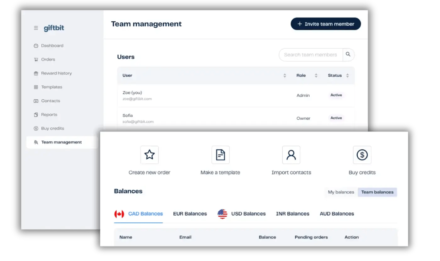 Giftbit UI showing Team Account features