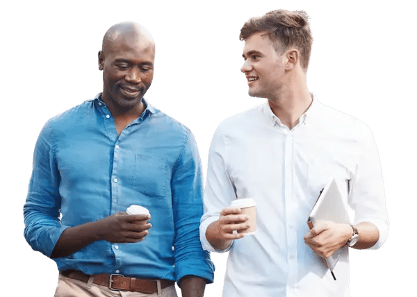 Giftbit customers walking with coffee.