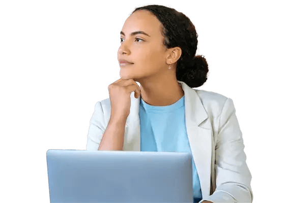 Thoughtful woman using Giftbit on her laptop for gift card fulfillment.