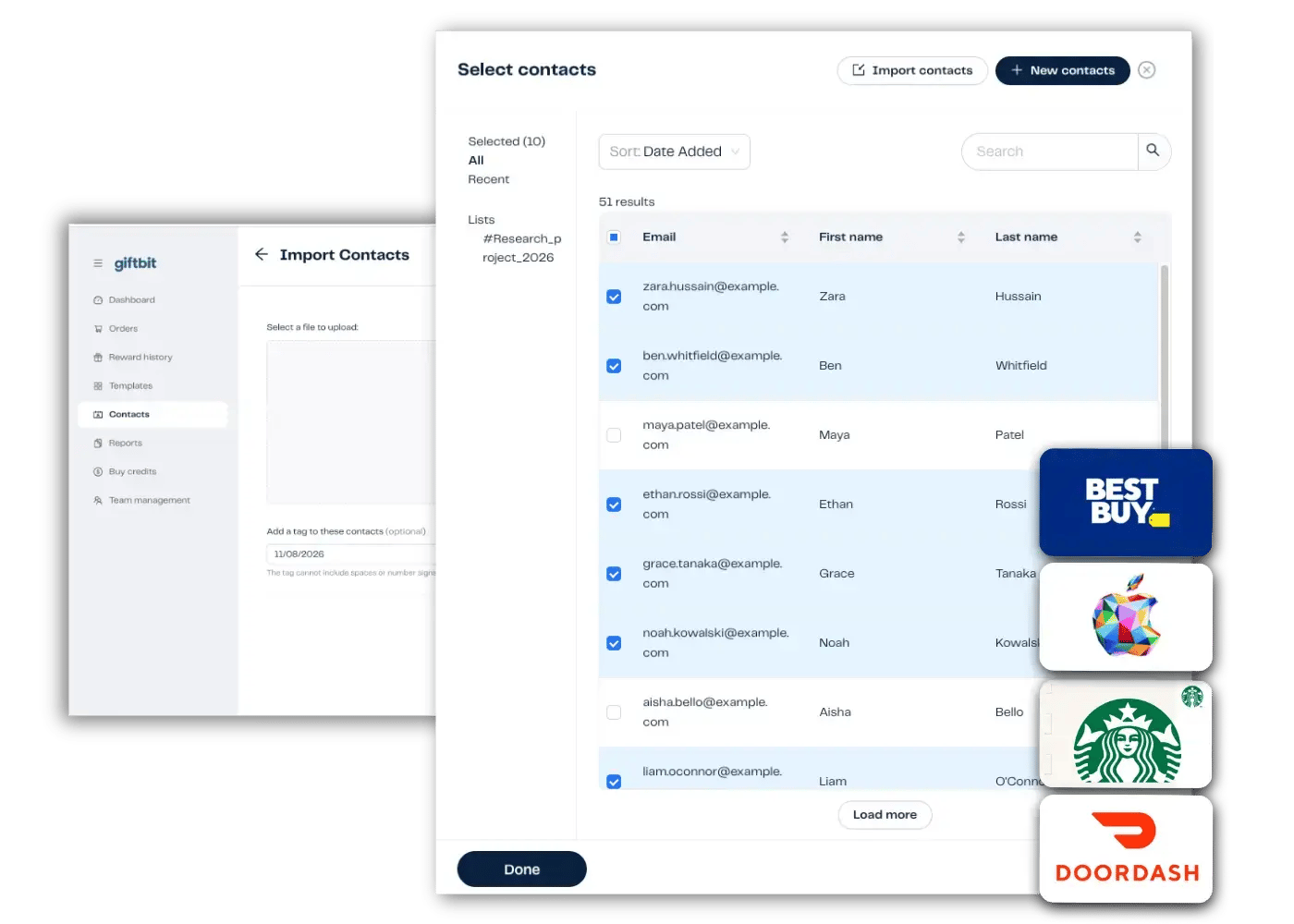 Giftbit UI showing bulk upload of contacts.