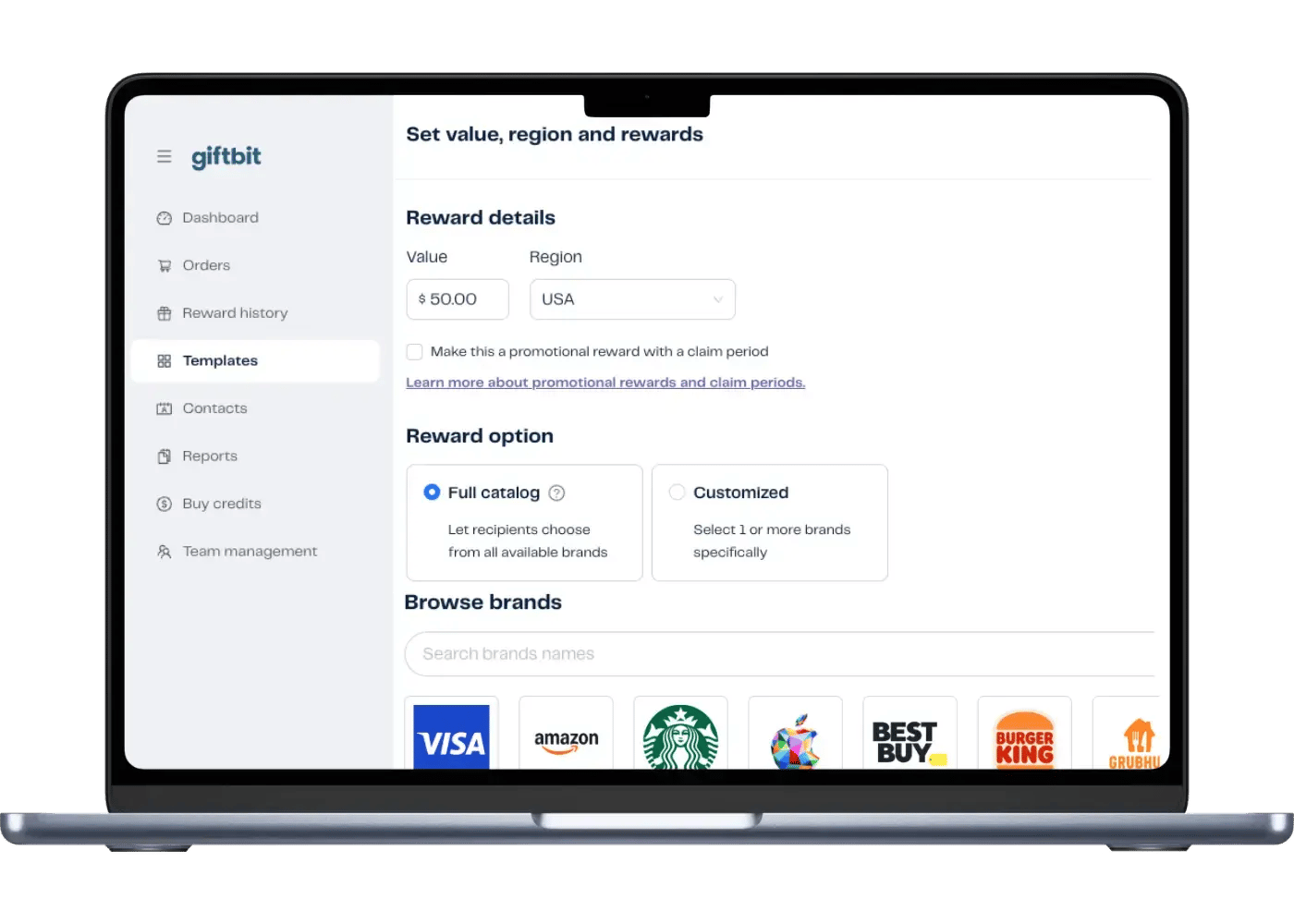 Giftbit platform dashboard UI.
