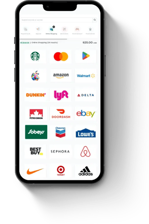 Mobile phone displaying a variety of digital gift card choices for recipient selection.