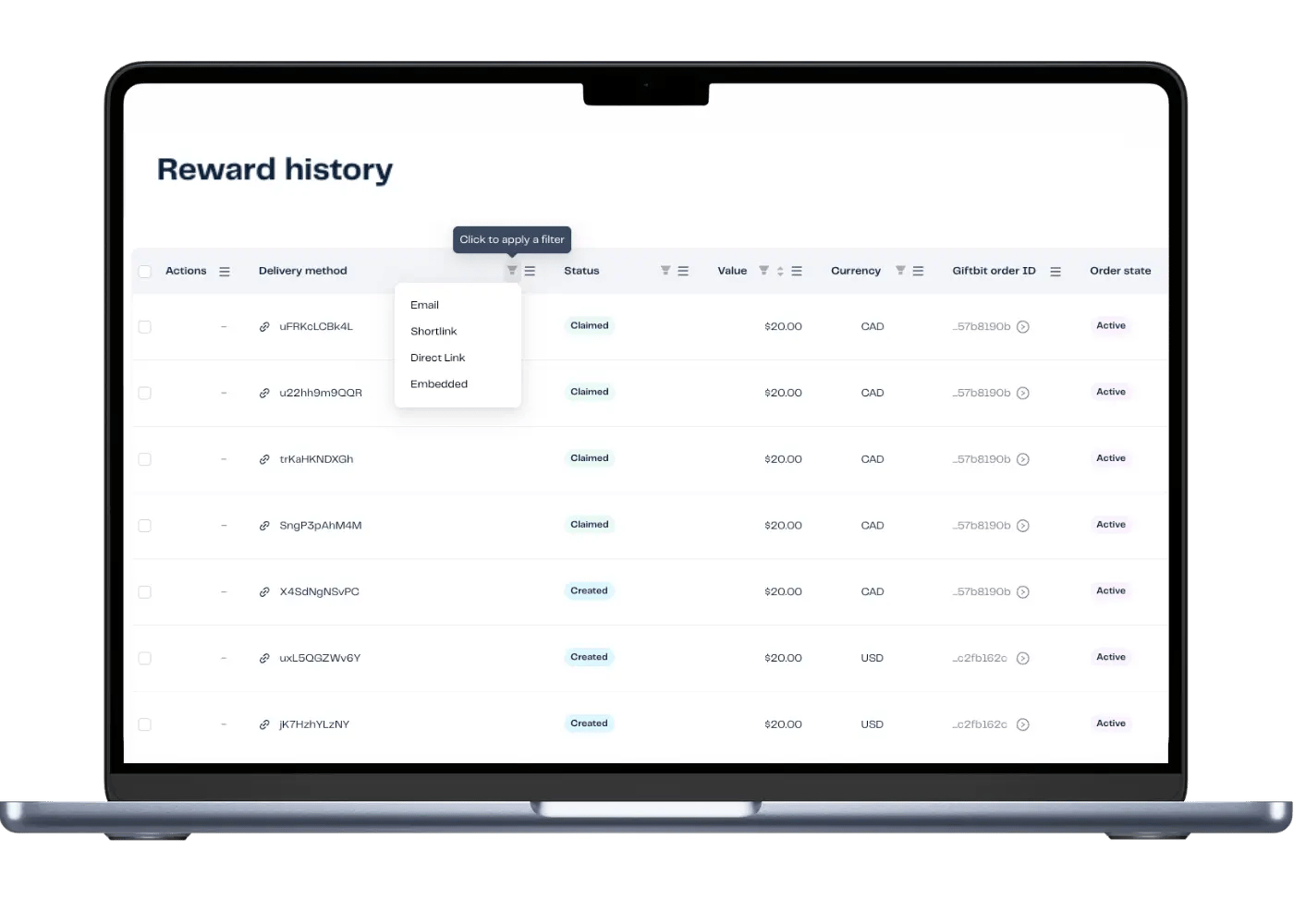 Reward history Giftbit UI.