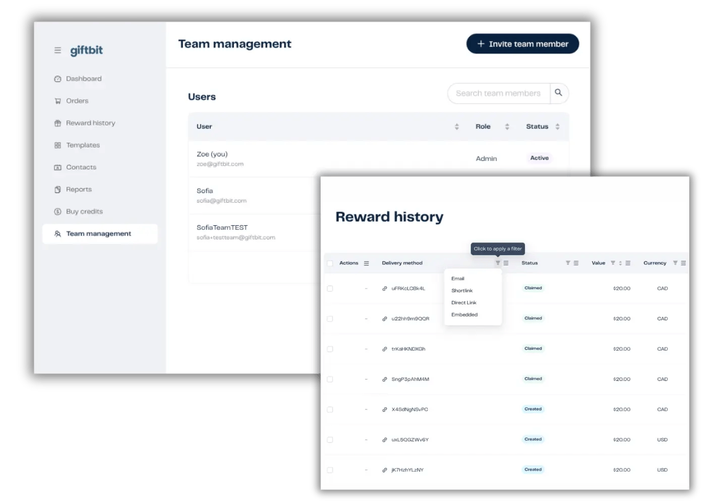 Team management and reward history platform UI.