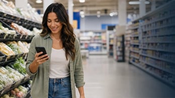 woman looking at her phone while shopping at a box store