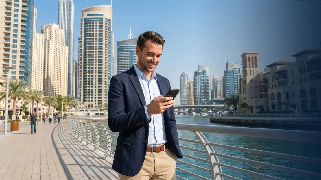 businessman outside in the UAE receiving a gift card on his phone