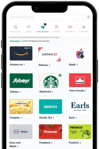 cell phone screen with canadian gift card options displayed 