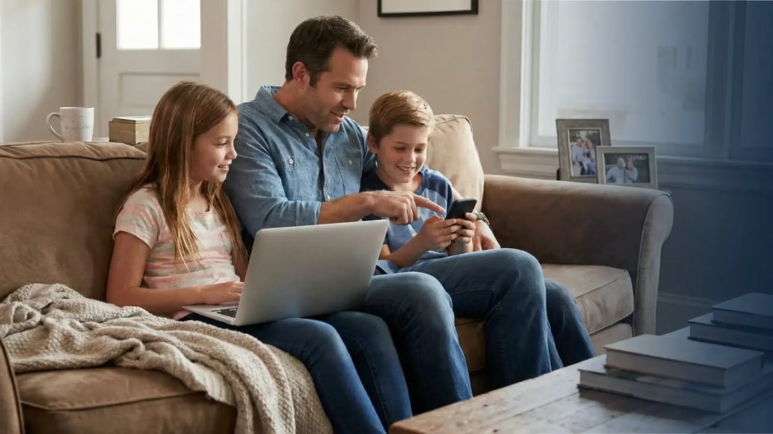 father with two children on couch, using laptop and phone to play roblox and connect