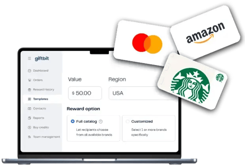 Giftbit UI showing full catalog option for sending corporate gift cards.