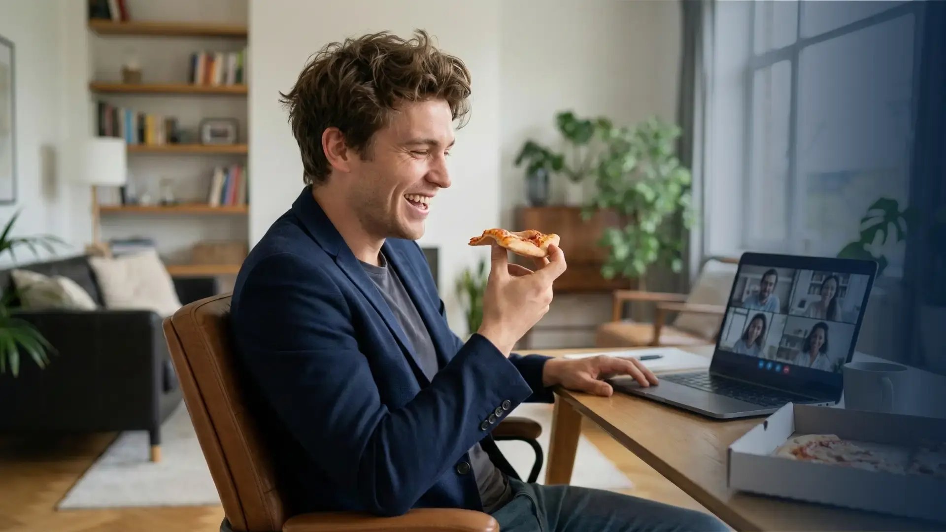 remote employee enjoying pizza during a zoom call
