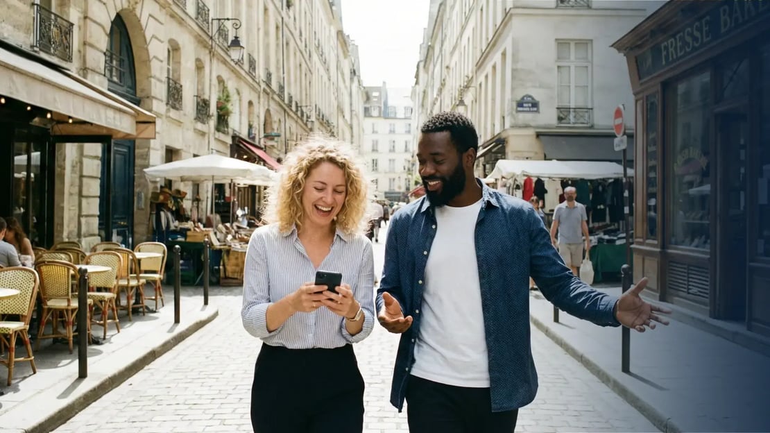 two coworkers walking on a street that is obviously somewhere in Europe