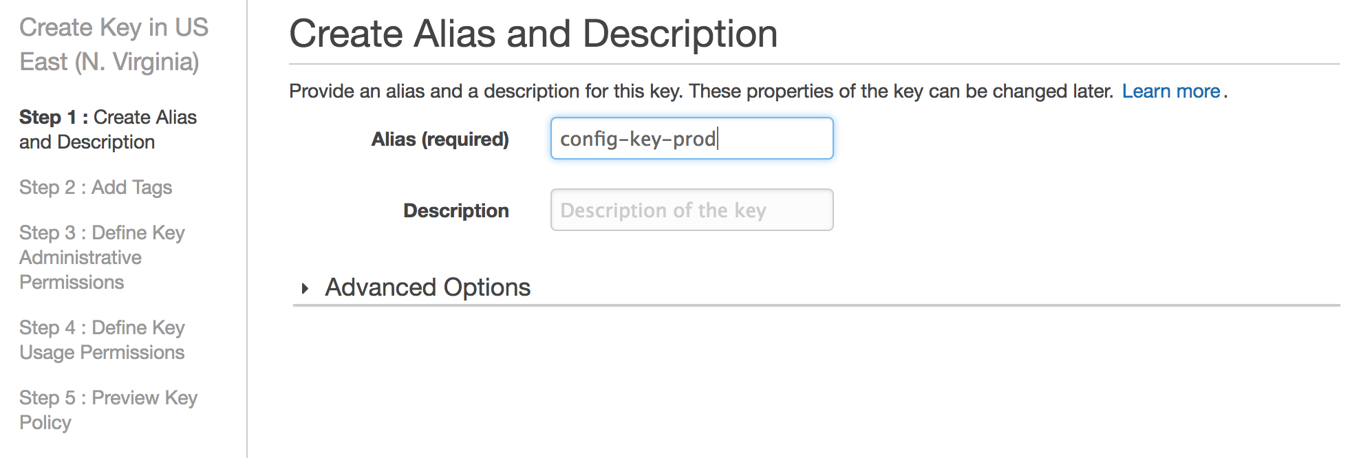 Screenshot from first step of KMS key creation through the AWS console.